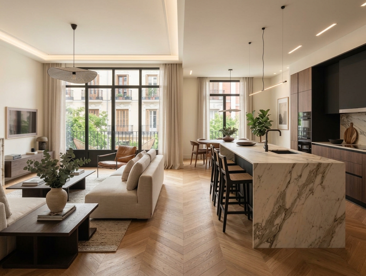 Reforma integral en el Barrio de Salamanca: salón con cocina abierta, luz natural y suelo de roble en espiga